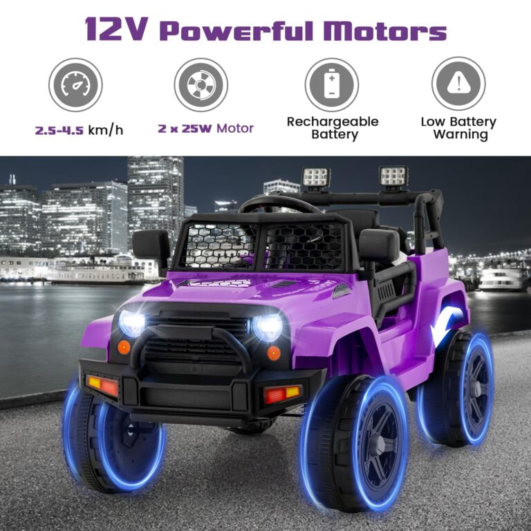 OLAKIDS Kids Ride On Truck, 12V Electric Vehicle Jeep Car with Remote Control, Toddlers Battery Powered Toy with 2 Speeds, Spring Suspension, Double Open Doors, LED Light, Music, TF, USB, Mp3 (Purple) - Image 8