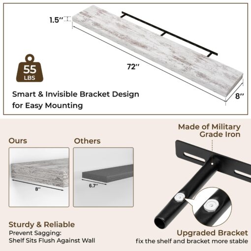 RICHFOCUS 72Inch Floating Shelves for Wall 2 Pack Shelves for Bedroom|Kitchen|Bathroom Wall Mounted Rustic Wood Floating Shelf with Invisible Brackets for Books|Storage|Decor, Rustic - Image 5