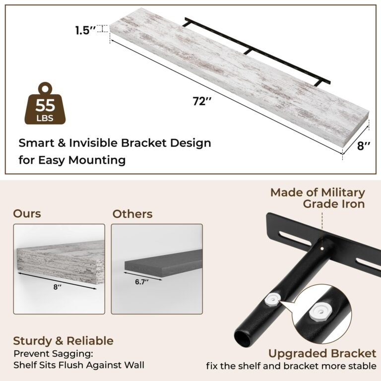 RICHFOCUS 72Inch Floating Shelves for Wall 2 Pack Shelves for Bedroom|Kitchen|Bathroom Wall Mounted Rustic Wood Floating Shelf with Invisible Brackets for Books|Storage|Decor, Rustic - Image 5