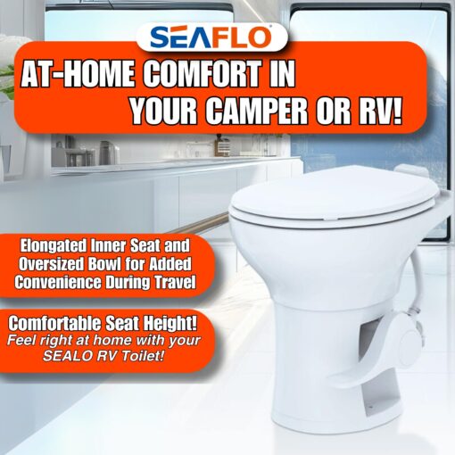 SEAFLO Residential Height Camper/RV Toilet with Elongated Ceramic Bowl, 19” Standard Height, Gravity Flush System, Foot Pedal Operation, Soft Close Seat, 4-Year Warranty - Image 9