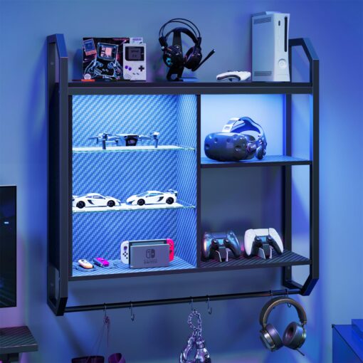 Bestier LED Gaming Floating Shelves, 34" Wall Mounted Shelf Pipe Shelves Hanging Display Rack Bookshelf with 6 S-Hook, Gaming Room Decor Wine Coffee Bar, Black Carbon Fiber - Image 4