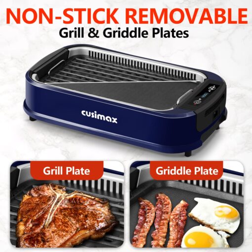 Smokeless Grill, CUSIMAX 1500W Indoor Grill, Electric Grill Griddle with LED Smart Display & Tempered Glass Lid, Portable Korean BBQ Grill, Non-stick Removable Grill & Griddle Plate - Image 5