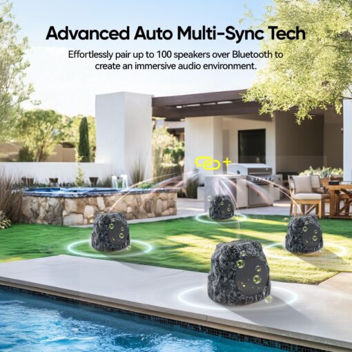 Outdoor Rock Speaker 60W Deep Bass Multi-Sync up to 100 Speakers Auto-Pairing, IPX7 Waterproof Solar-Powered Bluetooth Speaker Perfect for Pool, Garden, Patio, Ideal for Music Entertainers - 2 Pack - Image 8