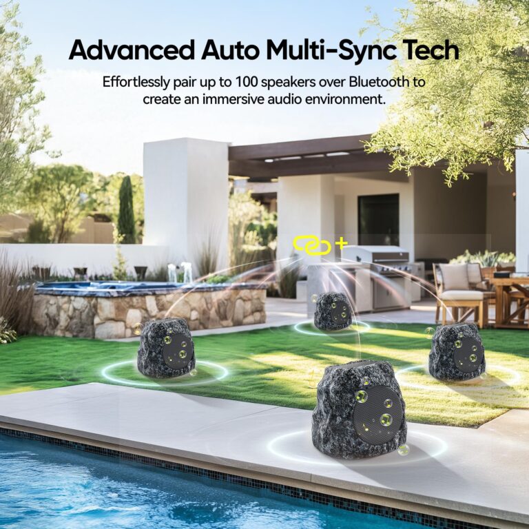 Outdoor Rock Speaker 60W Deep Bass Multi-Sync up to 100 Speakers Auto-Pairing, IPX7 Waterproof Solar-Powered Bluetooth Speaker Perfect for Pool, Garden, Patio, Ideal for Music Entertainers - 2 Pack - Image 8