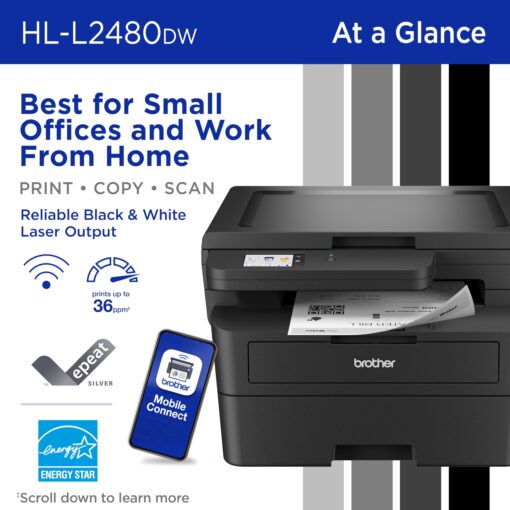 Brother HL-L2480DW Wireless Compact Monochrome Multi-Function Laser Printer with Copy and Scan, Duplex, Mobile, Black & White | Includes Refresh Subscription Trial(1), Amazon Dash Replenishment Ready - Image 8
