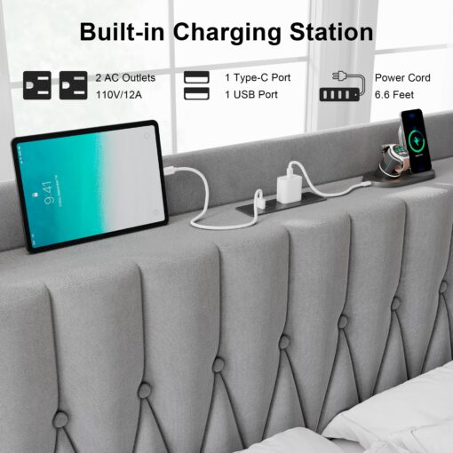 Feonase Velvet Full Size Bed Frame with Fast Charging Station,Full Metal Platform Beds with Upholstered Headboard & Footboard,12" Under Bed Storage Space,Easy Assembly,Noise-Free,Matte Gray - Image 5