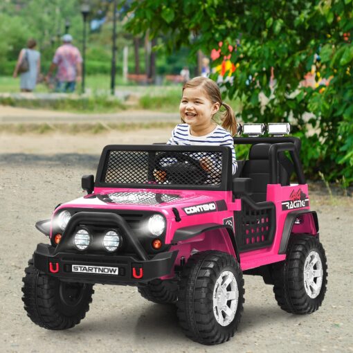 HONEY JOY 2 Seat Ride On Truck,12V Battery Powered Electric Cars for Kids, Spring Suspension, LED Lights, Remote Control, Horn, Music/ MP3, Toddler 4 Wheeler Ride On Toys Car for Girls(Pink) - Image 3