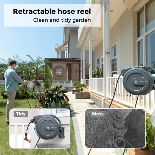 Giraffe Tools Metal Retractable Hose Reel 130 FT Wall Mounted Heavy Duty Hose Reel with 9 Pattern Nozzle 180 Deg Swivel, Metal Bracket Any Length Lock (1/2 130FT PRO, Dark Grey) - Image 7
