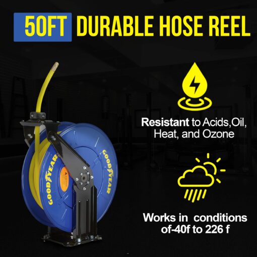 GOODYEAR Air Hose Reel Retractable 3/8" Inch x 50' Feet Long Premium Commercial SBR Hose Max 300 Psi Reinforced Steel Construction Heavy Duty Spring Driven Industrial Dual Arm & Pedestal - Image 4