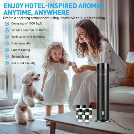 Waterless Scent Diffuser Starter Kit - 800 Sq Ft Coverage, Hotel Scent Diffuser, Essential Oil Diffuser Large Room, Included 5 Scent Oils, Remote Control, Black, 11.20In - Image 7
