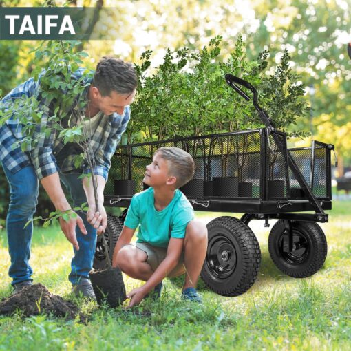 Taifa Heavy Duty 1100 Lbs Capacity Steel Garden Cart with 11.5 inch Tire, Removable Side Panels Turn Into Flatbed, Utility Cart for Yard Lawn and Farm, Metal Wagon with 180° Rotating Handle, Black - Image 2