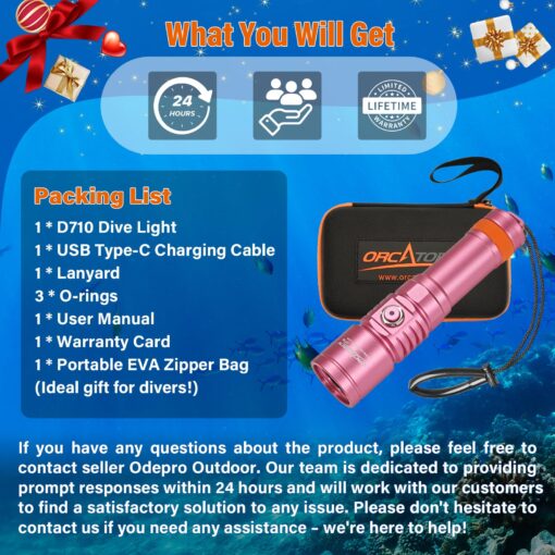 ORCATORCH D710 Scuba Diving Light, 3000 Lumens Super Bright Underwater Flashlight with 6 Degrees Narrow Beam, IP68 Waterproof Night Dive Torch 150 Meters Submersible Light (Pink) - Image 2