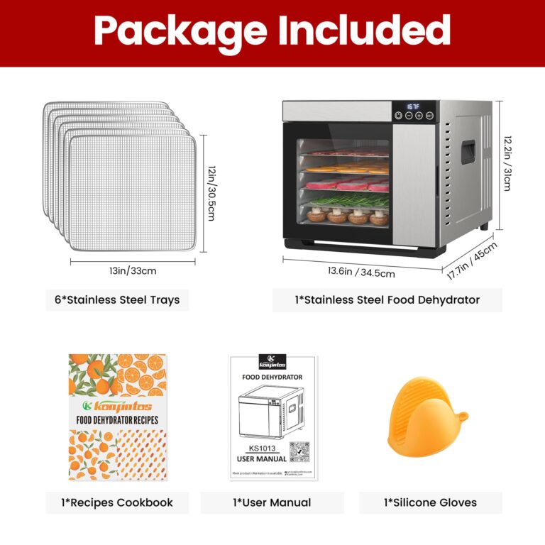 Konfintos Food Dehydrator for Jerky, 700W Commercial Dehydrator 167°F Saves More Time, 6 Larger Stainless Steel Trays Square Dryer for Beef Jerky, Meat, Fruits, Mushroom, Recipes & Silicone Gloves - Image 5