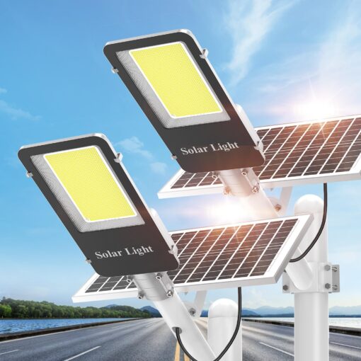 Solar Street Lights Outdoor Waterproof - 6000W Solar Lights Outdoor Dusk to Dawn Parking Lot Light Commercial, 7000K LED Street Light Powered Flood Security Heavy Duty for Yard, Outside(2 Pack)