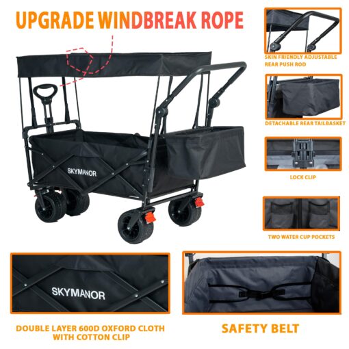 SKYMANOR Collapsible Wagon Folding Garden Cart with Removable Canopy Utility Wagon Cart with All-Terrain Wheels Brake Beach Cart for Sand Heavy Duty Beach Wagon for Camping Shopping (Black) - Image 5