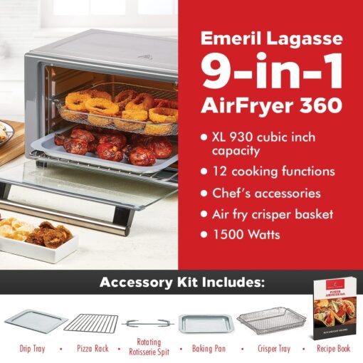 Emeril Lagasse Everyday 360 Stainless Steel Air Fryer, 360° Quick Cook Technology, XL capacity, 9-in-1, 12 Pre-Set Cooking Functions including Bake, Rotisserie, Broil, Pizza, Slow Cook, Toaster - Image 6