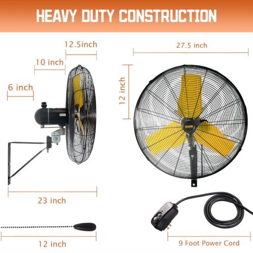 HiCFM 24" Oscillating Wall Fan, 8900 CFM High Velocity Industrial Wall Mounted Heavy Duty Shop Fans with 3 Speed Settings 80° Oscillation for Outdoor Commercial Garage Warehouse workshops Factory - Image 3