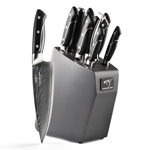 Damascus Kitchen Knife Sets, 9 Pieces Kitchen Knives Set with Block, ABS Ergonomic Handle for Chef Knife Set, Knife Sharpener and Kitchen Shears, Knife Block Set