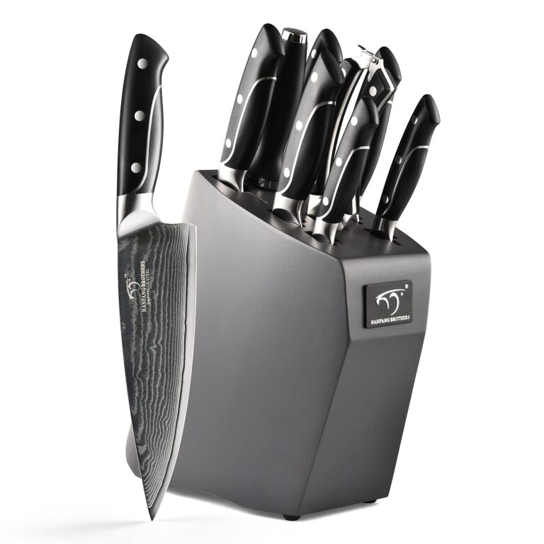 Damascus Kitchen Knife Sets, 9 Pieces Kitchen Knives Set with Block, ABS Ergonomic Handle for Chef Knife Set, Knife Sharpener and Kitchen Shears, Knife Block Set
