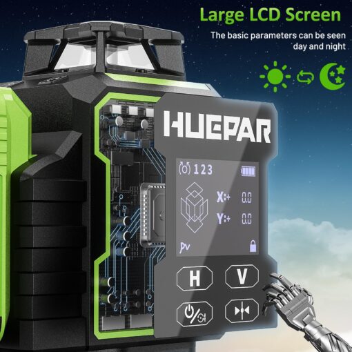 Huepar Laser Level 360 Self Leveling, W04CG Upgraded 4x360° Bluetooth Construction Lazer Leveler Tool with Electric Rotating Base ＆ Large LCD Screen, 4D 16 Lines Green Cross Laser Level - Image 8
