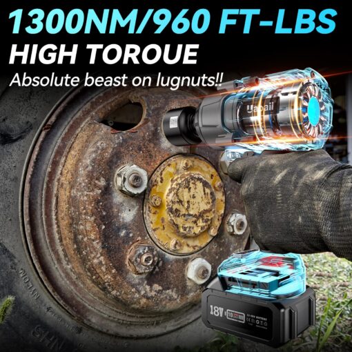 Uaoaii 1300Nm(960ft-lbs) Cordless Impact Wrench Torque Beast, 1/2 Battery Impact Gun w/ 2X 5.0Ah Battery, 5 Sockets & Storage Box, Electric Impact Wrench for Truck RV, Maintenance Duty, IW810 - Image 7