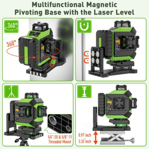 Huepar 4x360 Laser Level Self-leveling 4D Green Beam Cross Line 16 Lines Tiling Floor Laser Tool -2x360 Horizontal/Vertical Laser Lines -rechargeable Li-ion Battery & Integrated Magnetic Bracket 704CG - Image 4