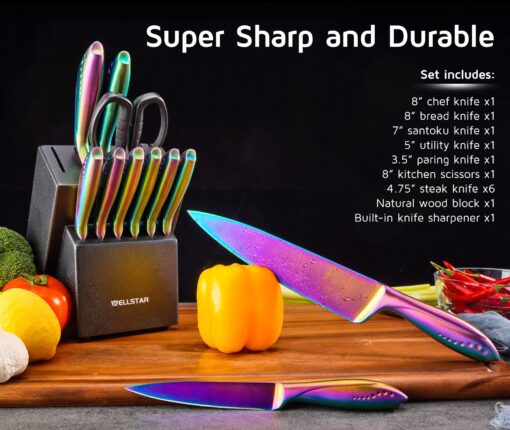 WELLSTAR Rainbow Knife Set 14 Pieces, Iridescent German Stainless Steel Kitchen Knives Set with Wooden Block, Colorful Titanium Coating, Chef’s Knife Block Set with Scissors and Built-in Sharpener - Image 3