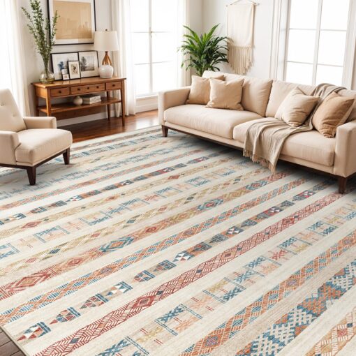 Puino 10x14 Washable Area Rug: Moroccan Large Neutral Boho Area Rug for Living Room & Bedroom Geometric Non-Slip Farmhouse Carpet for Living Room Yellow Colourful 10'x14'.