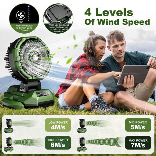 Veubew Portable Misting Fan,30000mAh Rechargeable Battery Powered,4 Strong Winds&4 Spray Mister,Floor Cooling Fan for Outdoor,Camping,Patios,Adjustable Base for 10-13in Bucket(No Bucket Included) - Image 8