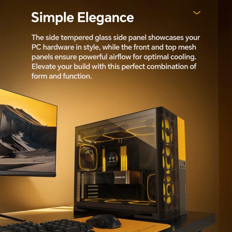 Geometric Future M5 Vent, Mesh Panel Tempered Glass Mid Tower, E-ATX/ATX Gaming Case, High Airflow, Type C, Support 420/360 Rad, ARGB PWM 140mm Fan x 5 Pre-Installed, Black/Yellow, GEO-M5VF-BY - Image 5