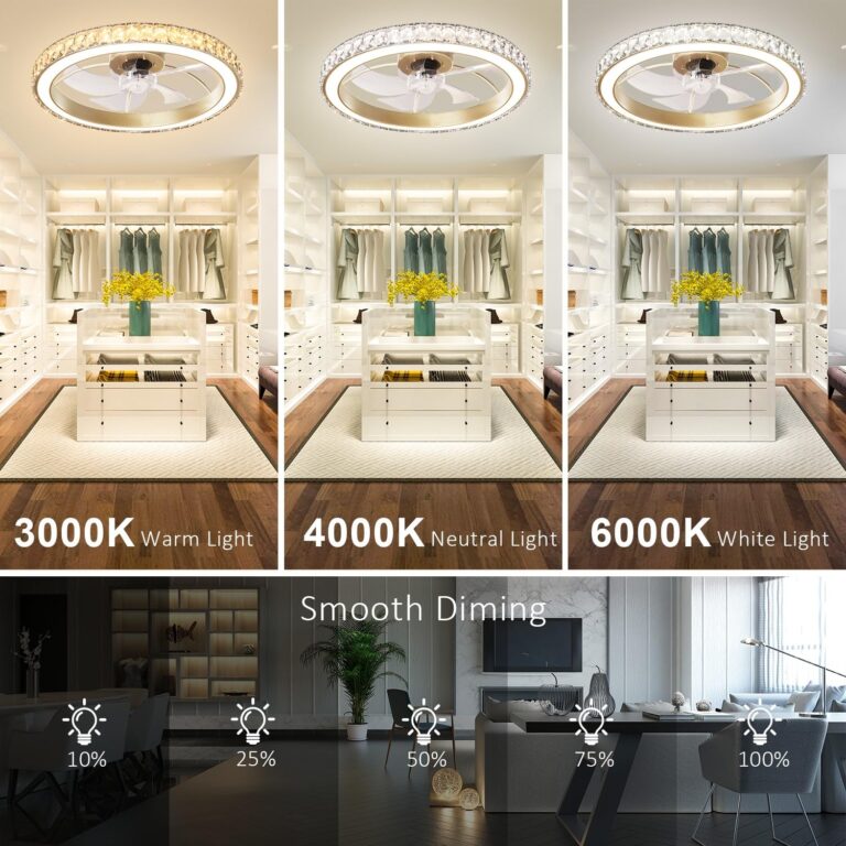 Aipsun Low Profile Modern Crystal Chandelier Ceiling Fans with Lights and Remote, 3000K-6500K Smart Bladeless LED Fan Light, 22" Gold Modern Ceiling Fans with Lights for Bedroom - Image 4