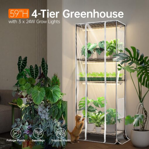 Bstrip Indoor Greenhouse with Grow Light, Metal Plant Stand, 3 Pack T8 2FT Full Spectrum Plant Lights, Timer, Black, 23.5"x13.8"x59" - Image 9