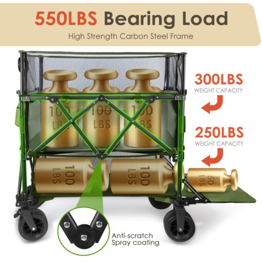 HOPERAN 550L XXL Foldable Double Decker Wagon-Greater Capacity,360° Adjustable Handle Heavy Duty 550LBS Collapsible Cart with 54" Extra Extender,All Terrain Double-Locking Brack Wheels (Olive Green) - Image 5