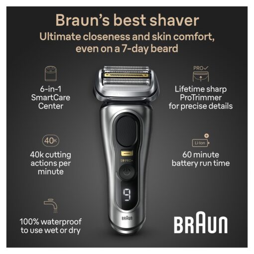 Braun Series 9 PRO+ Electric Razor for Men, 5 Pro Shave Elements & Precision Long Hair Trimmer, 6in1 SmartCare Center, Wet & Dry Electric Razor for Smooth Skin with 60min Battery Runtime, 9567cc - Image 7