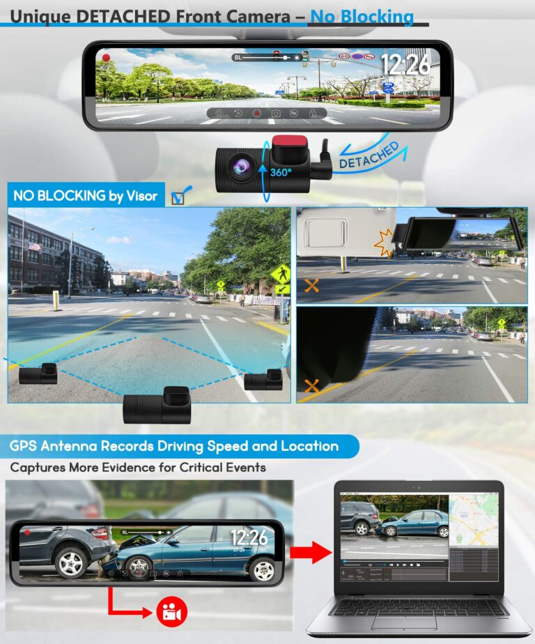 PORMIDO Triple Mirror Dash Cam 12" with Detached Front and in-Car Camera,Waterproof Backup Rear View Dashcam Anti Glare 1296P IPS Touch Screen with Sony Sensor,Starvis Night Vision,GPS,Parking Assist - Image 7