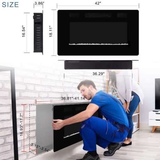 42" Electric Fireplace in-Wall Recessed and Wall Mounted 1500W Fireplace Heater and Linear Fireplace with Timer/Multicolor Flames/Touch Screen/Remote Control (Black) - Image 3