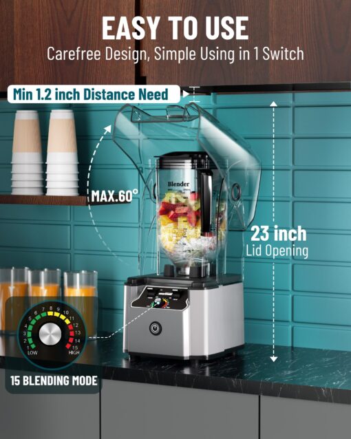 WantJoin Commercial Professional Blender With Shield Quiet Sound Enclosure 2200W Industries Strong and Quiet Professional-Grade Power, Self-Cleaning, Silver - Image 5