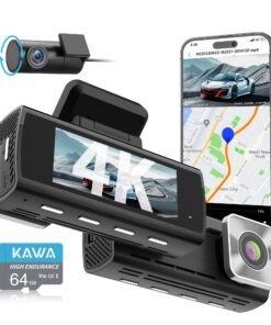KAWA 4K Dash Cam Front Rear, AI-ISP Night Vision, Free 64GB Card, 4K+1080P Dual WiFi Dash Camera for Cars with Sony STARVIS, GPS and Speed Dashcam, 3.16” IPS Screen, G-Sensor, AI 24H Motion Detection