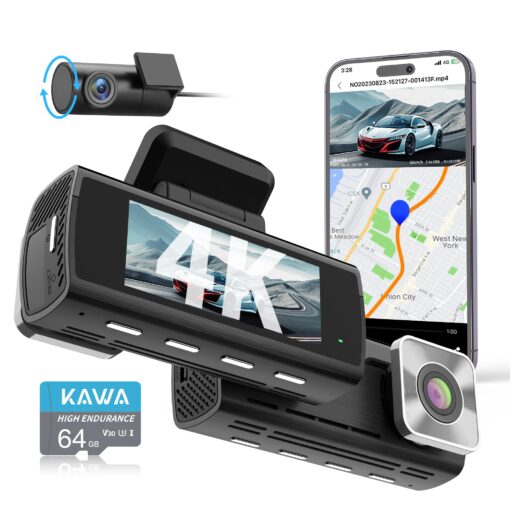 KAWA 4K Dash Cam Front Rear, AI-ISP Night Vision, Free 64GB Card, 4K+1080P Dual WiFi Dash Camera for Cars with Sony STARVIS, GPS and Speed Dashcam, 3.16” IPS Screen, G-Sensor, AI 24H Motion Detection