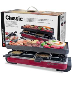 Swissmar Classic 8-Person Raclette Party Grill with Reversible Cast Iron Grill Plate/Crepe Top, Indoor Electric Raclette Grill & Griller - Red