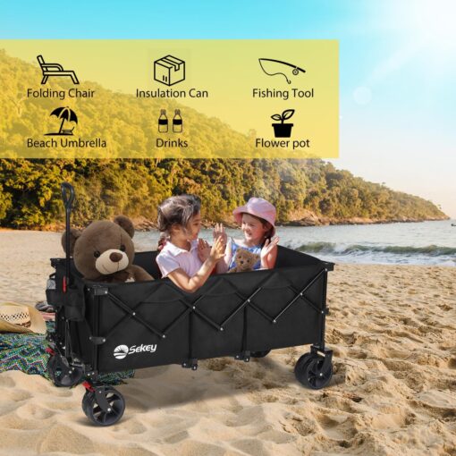 Sekey 48''L Collapsible Foldable Extended Wagon with 440lbs Weight Capacity, Heavy Duty 300L Folding Utility Garden Cart with Big All-Terrain Beach Wheels & Drink Holders. Black - Image 2