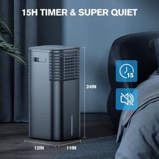 24" Windowless Portable Air Conditioner, 15H Timer & 120°Oscillation, 3-IN-1 Portable AC Unit with Remote, 2-Gal Tank, 3 Modes & 3 Speeds, Ultra-Quiet Ventless Swamp Cooler for Room Home Office, Black - Image 2