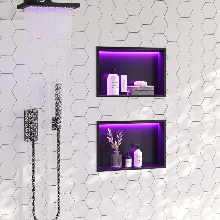Neohomee RGB LED Light Shower Niche, Matte Black 18X12 in Stainless Steel Wall Niche with Remote Control, Waterproof No Tile Needed Wall Niche for Bathroom Storage Built-in Installation - Image 9