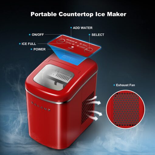 Galanz Portable Countertop Electric Ice Maker Machine, 26 lbs in 24 Hours, 9 Bullet Shaped Cubes Ready in 9 Minutes, 2 Ice Sizes, Perfect for Parties & Home Bar, 2.1 L, Retro Red - Image 8