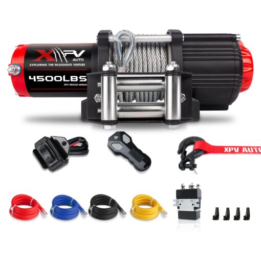 XPV AUTO 12V 4500LBS Steel Rope Electric Winch for Towing ATV/UTV Off Road with Wireless Remote Control Mounting Bracket IP67 Waterproof Electric Winch with 4-Way Roller Fairlead - Image 2