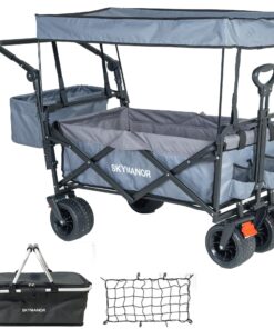 SKYMANOR Collapsible Wagon Folding Garden Cart with Removable Canopy Utility Wagon Cart with All-Terrain Wheels 4 Brake Beach Cart Heavy Duty Beach Wagon for Camping (Light&Dark Gray Splicing)