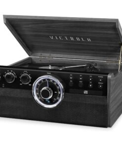 Victrola Mid Century 6-in-1 Bluetooth Record Player and Multimedia Center with Built-in Speakers - 3-Speed Turntable, CD and Cassette Player, AM/FM Radio Wireless Music Streaming Grey