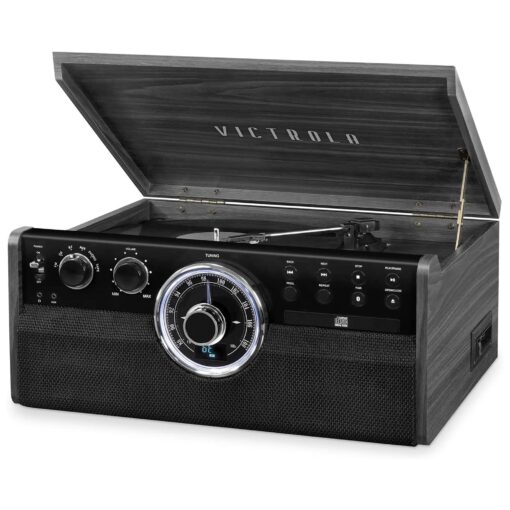 Victrola Mid Century 6-in-1 Bluetooth Record Player and Multimedia Center with Built-in Speakers - 3-Speed Turntable, CD and Cassette Player, AM/FM Radio Wireless Music Streaming Grey