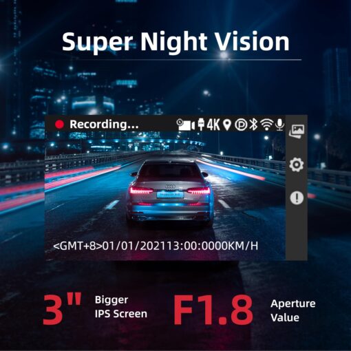 Miofive Dash Cam Car Front Rear 4K+4K WiFi Bluetooth Dash Cam with 64GB SD Card, Dual Car Camera with Parking Monitoring, Super Night Vision, HDR, G-Sensor, Loop Recording, App Control, Max 512GB - Image 3