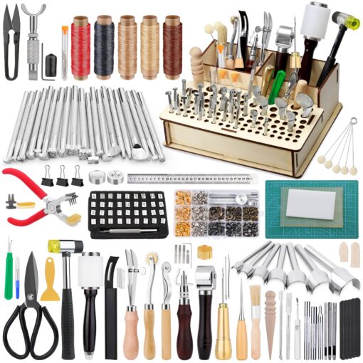 447 Pieces Leather Working Tools and Supplies with Instruction, Leathercraft Tools Kit, Leathercraft Tools Holder, Leather Craft Stamping Tools, Stitching Hole Punch, Leather Working Saddle Making